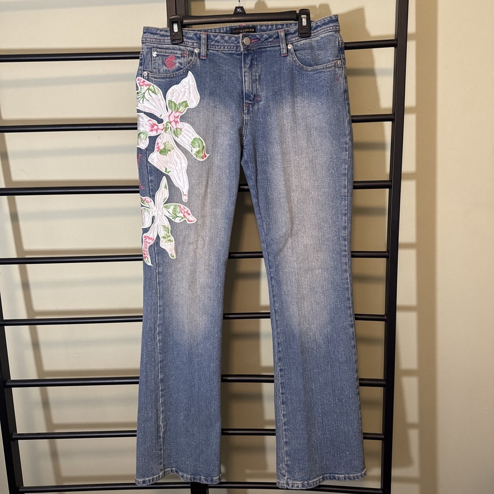 Vintage Y2K Rocawear Floral Applique Bootcut Jeans Women 11/12 34x32 Blue Denim